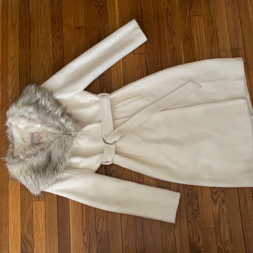 GUESS Trench Coat Belted with Faux Fur Collar